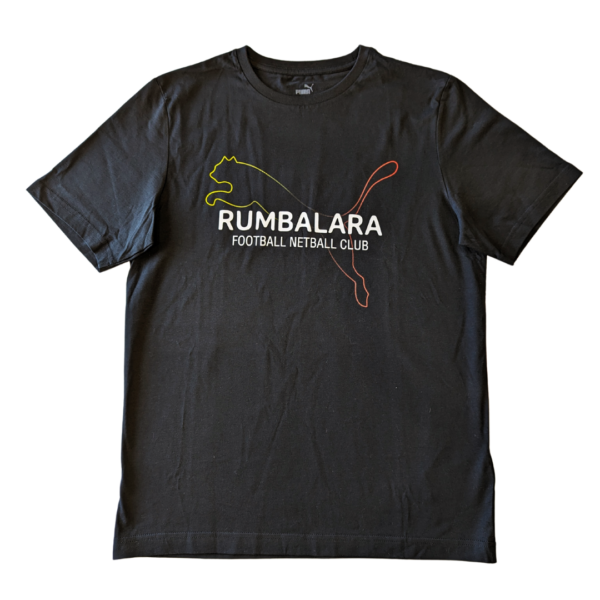 Black t-shirt with Rumbalara Football Netball Club text across a fait Puma logo