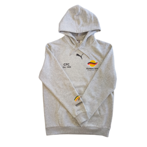 Front view of a grey Hoodie with the Rumbalara FNC logo